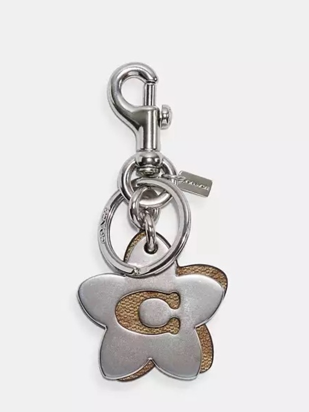 NEW COACH C4316 Wildflower Khaki Signature Canvas Silver Key Ring Bag Charm